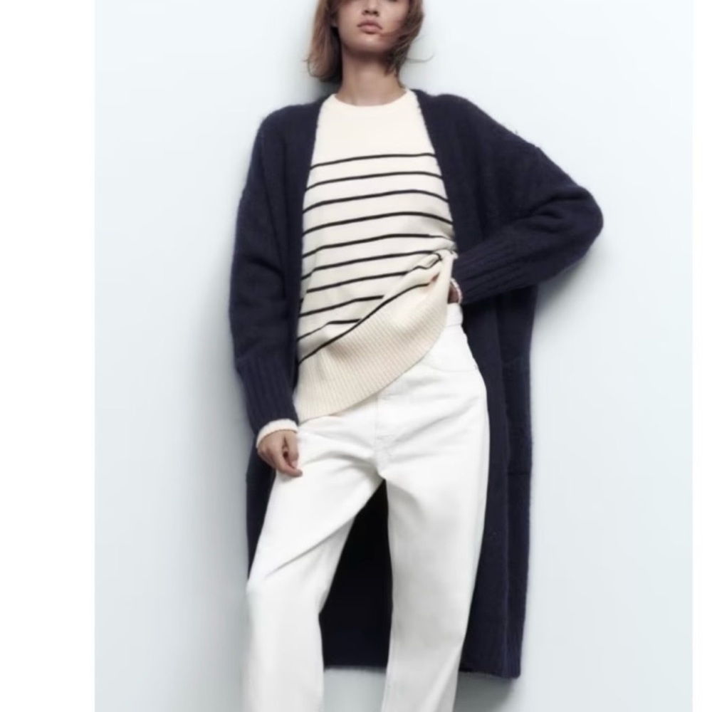 New Zara $69 Wool Blend Long Navy Blue Cardigan Sweater Pockets XS-S Small